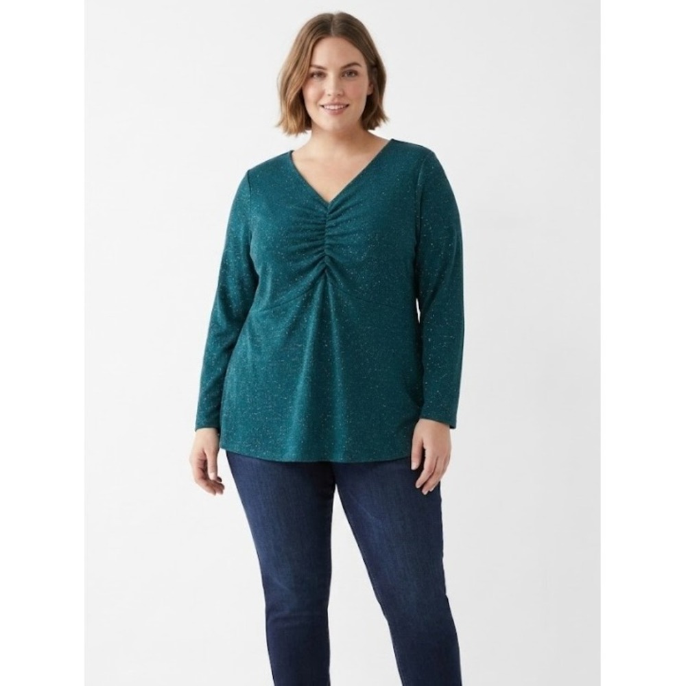 Lane Bryant Metallic Ruched Top‎ size 18/20 Teal Sparkle Holiday V-Neck Stretch